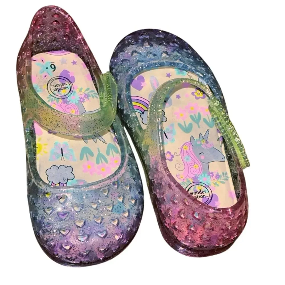 Wonder Nation Rainbow Glitter Jelly Shoes Girls 6C Unicorn Heart Velcro Sandals